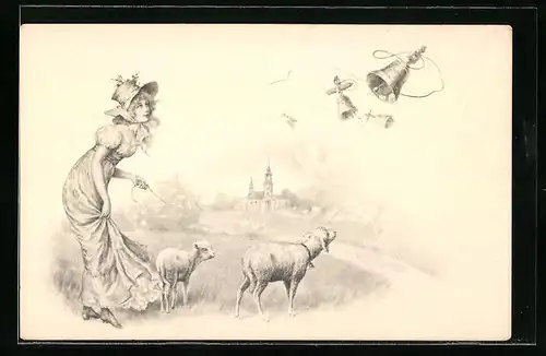 Künstler-AK M. Munk: Junge Dame steht mit Schafen auf der Wiese und betrachtet die Glocken am Himmel