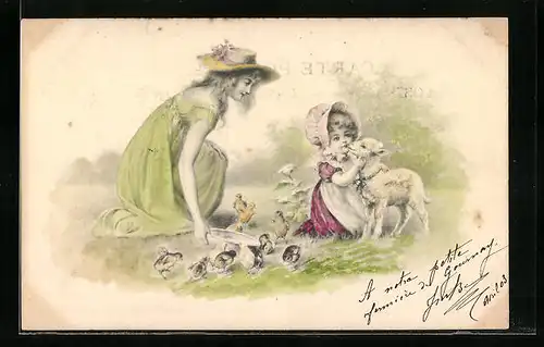 Künstler-AK M. Munk: Mädchen spielt mit Schaf und Osterküken auf der Wiese