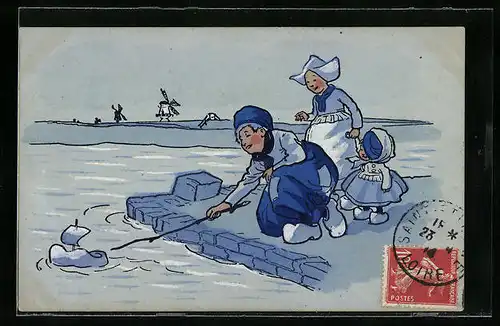 Künstler-AK M. Munk Nr. 752: Niederländische Kinder spielen am Wasser mit einem Segelboot