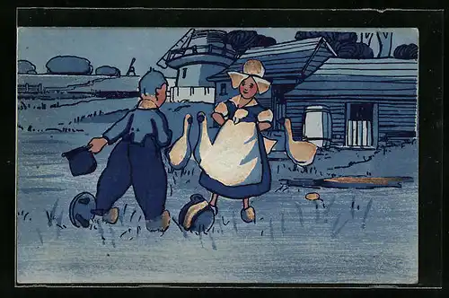 Künstler-AK M. Munk Nr. 666: Niederländisches Paar trifft sich auf der Wiese