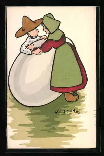 Künstler-AK M. Munk Nr. 146: Paar transportiert ein grosses Ei