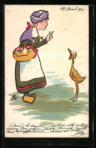 Künstler-AK M. Munk Nr. 146: Junge Frau mit Holzschuhen spricht zu einem Vogel