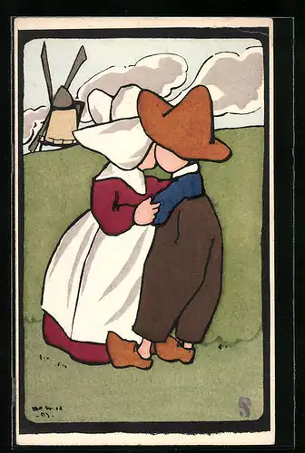 Künstler-AK M. Munk Nr. 173: Kinder in Tracht mit Holzschuhen umarmen sich vor einer Windmühle
