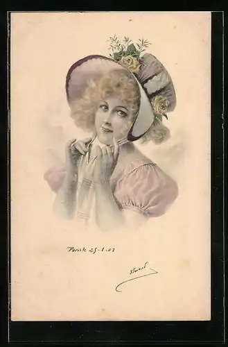 Künstler-AK M. Munk Nr. 100: Junge Dame mit sommerlichem Hut