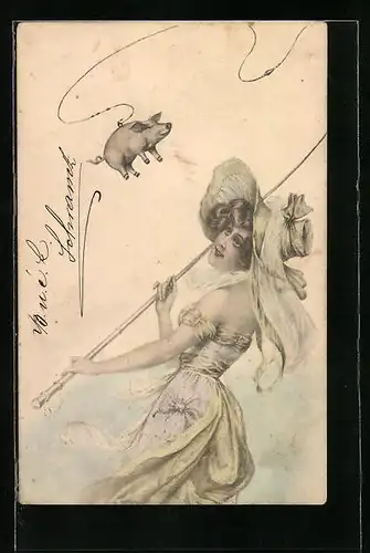 Künstler-AK M. Munk: Junge Frau fängt ein Schwein mit der Angel