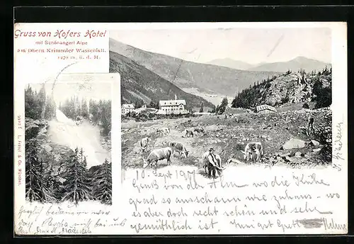 AK Krimml, Hofer`s Hotel mit Schönangerl Alpe, Blick zum Wasserfall