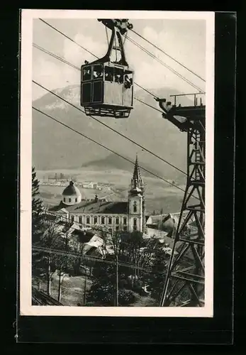 AK Mariazell, Teilansicht mit Seilschwebebahn Bürgeralpe, Kirche und Sauwand