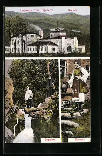 AK Varshets, Gebäudeansicht, Frau in Tracht, Zwei Männer am Wasserfall