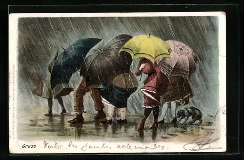 AK Frauen und Männer mit Schirmen im Regen, Meteorologie