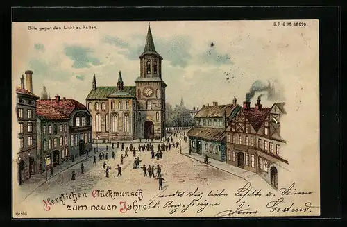 Lithographie Kirche mit Menschen, Halt gegen das Licht, Neujahrsgruss