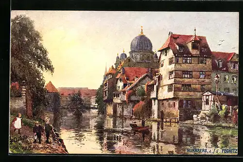 Künstler-AK Charles F. Flower: Nürnberg, Insel Schütt mit Synagoge