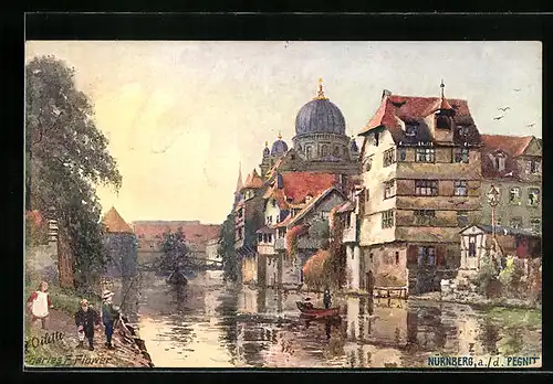 Künstler-AK Charles F. Flower: Nürnberg, Insel Schütt mit Synagoge