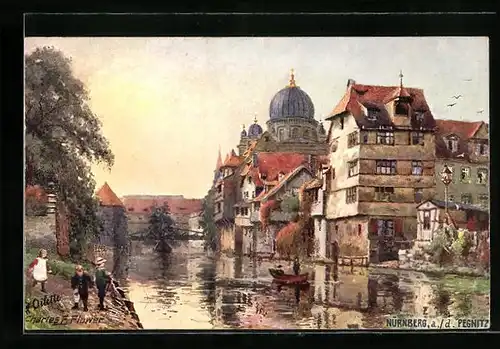 Künstler-AK Charles F. Flower: Nürnberg, Insel Schütt mit Synagoge