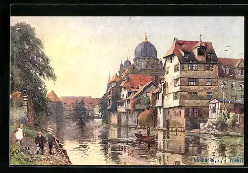 Künstler-AK Charles F. Flower: Nürnberg, Insel Schütt mit Synagoge