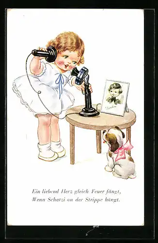 AK Kleines Mädchen spricht am Telefon mit ihrem Schatzi