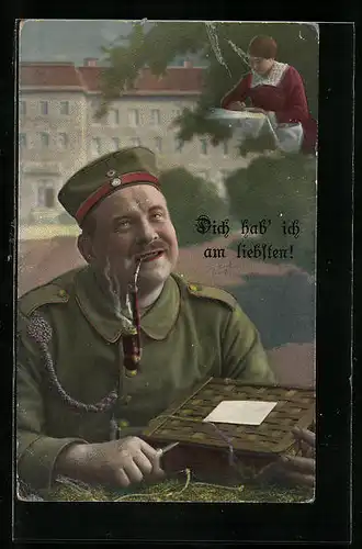 AK Soldat denkt mit rauchend mit Pfeife im Mund an seine Liebste