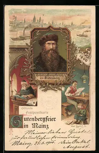 Lithographie Mainz, Gutenbergfeier, Porträt von dem Erfinder des Buchdrucks zu Gutenberg