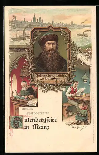 Lithographie Mainz, Gutenbergfeier, Porträt von dem Erfinder des Buchdrucks zu Gutenberg