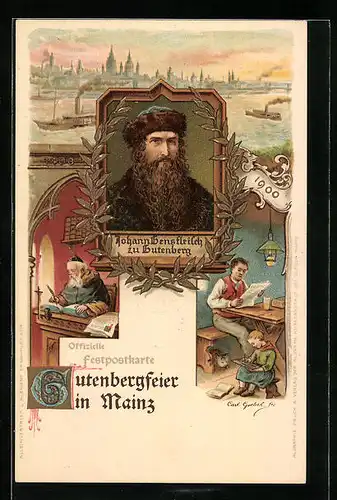 Lithographie Mainz, Gutenbergfeier, Porträt von dem Erfinder des Buchdrucks zu Gutenberg