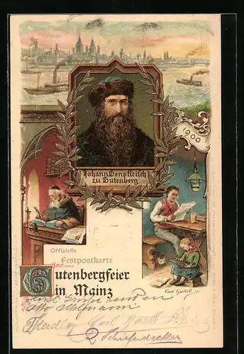 Lithographie Mainz, Gutenbergfeier, Porträt von dem Erfinder des Buchdrucks zu Gutenberg