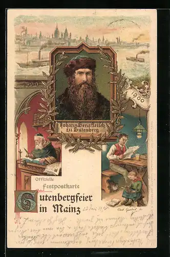 Lithographie Mainz, Gutenbergfeier, Porträt vom Erfinder des Buchdrucks zu Gutenberg