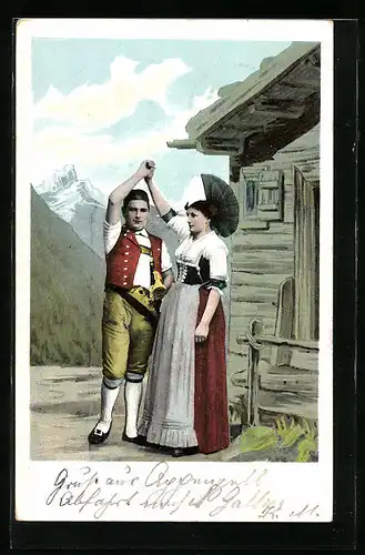 AK Junges Paar in Tracht bereit für den Volkstanz