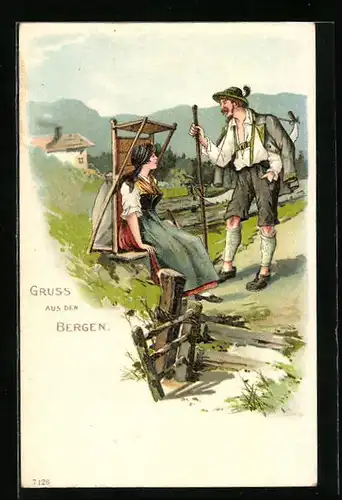 Lithographie Bergen, Bergsteiger trifft auf hübsche Maid