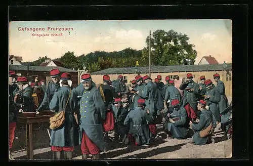 AK Gefangene Franzosen beim Essen, Kriegsjahr 1914-15