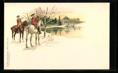 AK Zwei Jäger mit Hörnern zu Pferde am Ufer im Winter