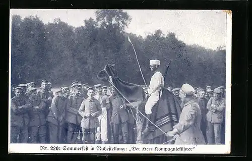 AK Sommerfest in ruhestellung: Der Herr Kompagnieführer auf einem Kamel, 1. Weltkrieg