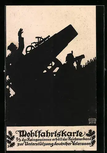 AK Schattenbild, Soldaten mit Fernglas und Kanone, Kriegshilfe