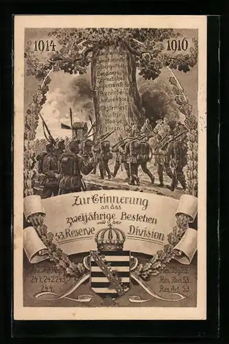 AK Soldaten vor einer Windmühle, Zur Erinnerung an das zweijährige Bestehen der 53. Reserve-Division, 1914-1910