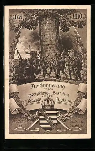AK Soldaten vor einer Windmühle, Zur Erinnerung an das zweijährige Bestehen der 53. Reserve-Division, 1914-1910