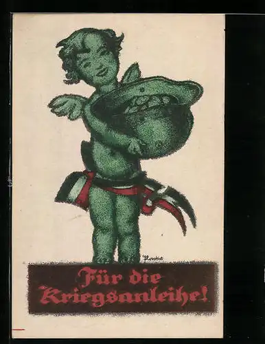 AK Engel mit Helm und Fahnenband, Für die Kriegsanleihe!