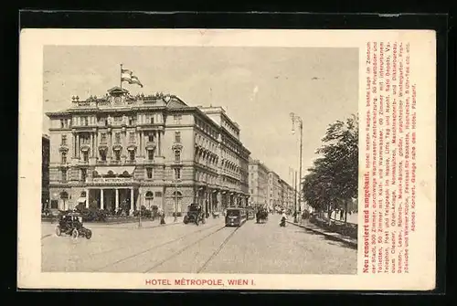 AK Wien, Hotel Metropole mit Strassenbahn