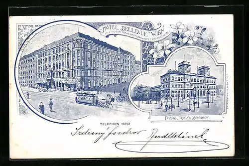 Künstler-AK Wien, Hotel Bellevue mit Pferdebahn, Franz Josefs Bahnhof