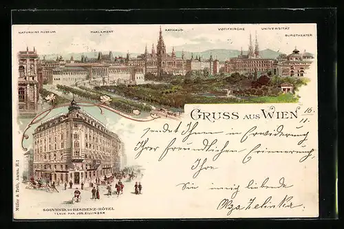 Lithographie Wien, Residenz-Hotel, Parlament mit Rathaus und Votifkirche