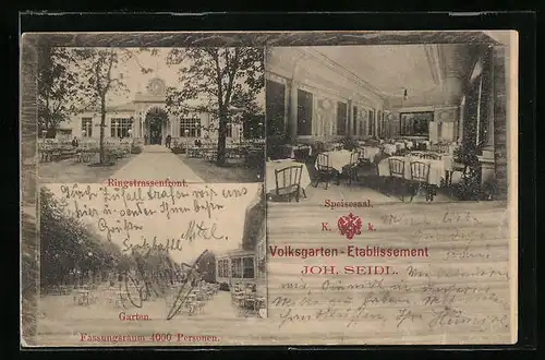 AK Wien, Gasthaus Volksgarten Ringstrassenfront, Inneres Speisesaal, Garten