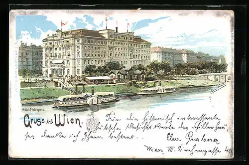 Lithographie Wien, Hotel Metropole mit Dampfern