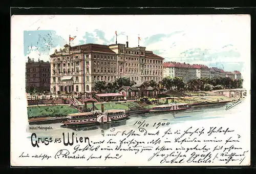 Lithographie Wien, Hotel Metropole mit Dampfern