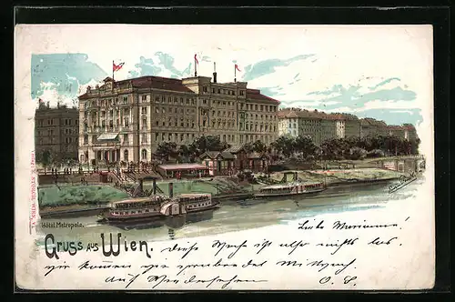 Lithographie Wien, Hotel Metropole mit zwei Dampfern