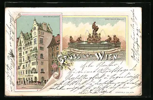 Lithographie Wien, Hotel Meissl Schadn, Rafael Donner Brunnen