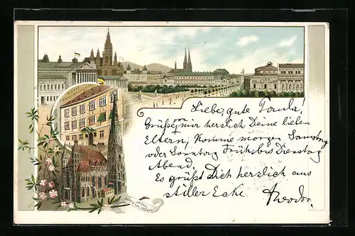 Lithographie Wien, Hotel König von Ungarn, Ortspartie