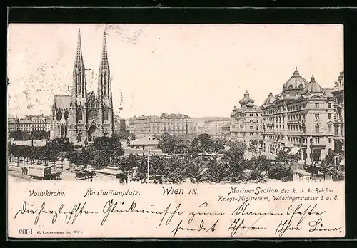 AK Wien, Maximilianplatz mit Votivkirche, Marine-Section des k. u. k. Reichs-Kriegs-Ministerium, Währingerstrasse 6 u. 8