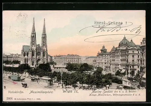 AK Wien, Maximilianplatz und Votivkirche, Marine-Section des k. u. k. Reichs-Kriegs-Minsterium, Währingerstrasse 6 u. 8