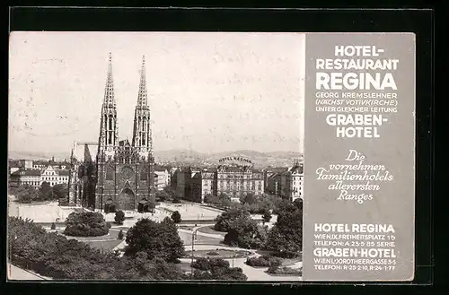 AK Wien, Hotel-Restaurant Regina von Georg Kremslehner nächst Votivkirche unter gleicher Leitung Graben-Hotel