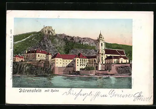 AK Dürnstein, Panorama mit Ruine vom Wasser aus gesehen