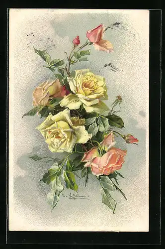 Künstler-AK Catharina Klein: Gelbe und rosa Rosenblüten