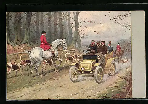 Künstler-AK M. Munk Nr. 218: Jagdgesellschaft begegnet einem Auto