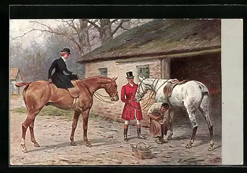 Künstler-AK M. Munk Nr. 218: Hufschmied ersetzt den Huf eines Pferdes